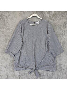 J. Jill Blouse Womens 3X Plus Gray White Striped 3/4 Sleeve Tie Hem Tunic Top